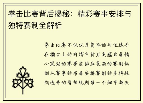 拳击比赛背后揭秘：精彩赛事安排与独特赛制全解析