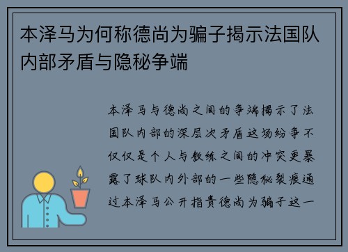 本泽马为何称德尚为骗子揭示法国队内部矛盾与隐秘争端