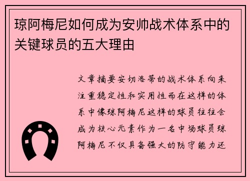 琼阿梅尼如何成为安帅战术体系中的关键球员的五大理由 琼阿梅尼如何成为安帅战术体系中的关键球员的五大理由