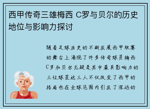 西甲传奇三雄梅西 C罗与贝尔的历史地位与影响力探讨 西甲传奇三雄梅西 C罗与贝尔的历史地位与影响力探讨
