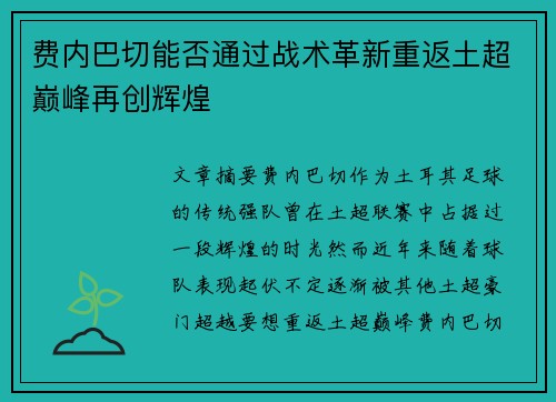 费内巴切能否通过战术革新重返土超巅峰再创辉煌